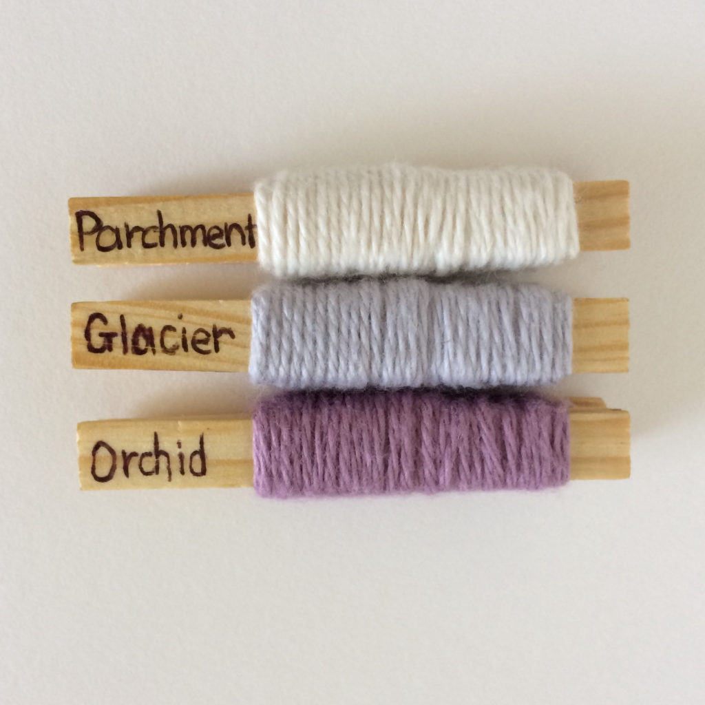 These are the colours I am using for my Faded Love Scarf. Bendigo Woollen Mills 4 ply cotton in Parchment, Glacier and Orchid.