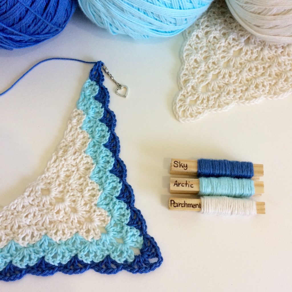 The original colours I was using when I started the Faded Love Scarf. I will use these colours for another design inspired by a tropical island. Bendigo Woollen Mills 4 ply cotton in Parchment, Arctic and Sky.