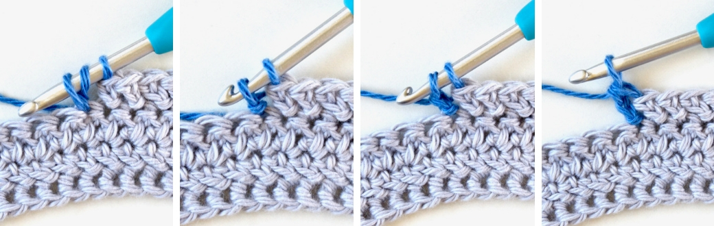 Step by step photos of how to make a Herringbone Double Crochet.